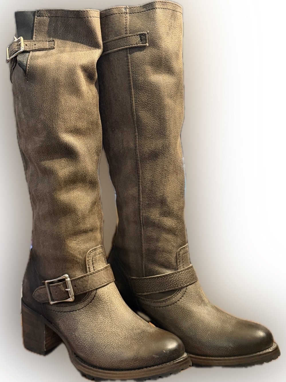 Freebird by Steven Women’s Tall Leather Brown Distressed Harness Boots, size 9